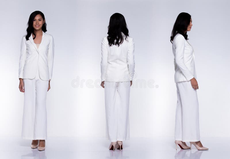 360 Full Length Snap Figure, Asian Business Woman Transgender wears White Suit pants black hair and acts many poses expression