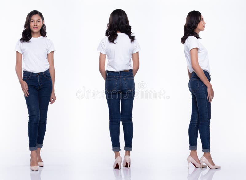 360 Full Length Snap Figure, Asian Woman wear casual white shirt blue jean, she 20s stands and acts in many poses, studio lighting royalty free stock images 360 Full Length Snap Figure, Asian Woman wear casual white shirt blue jean, she 20s stands and acts in many poses, studio lighting royalty free stock images