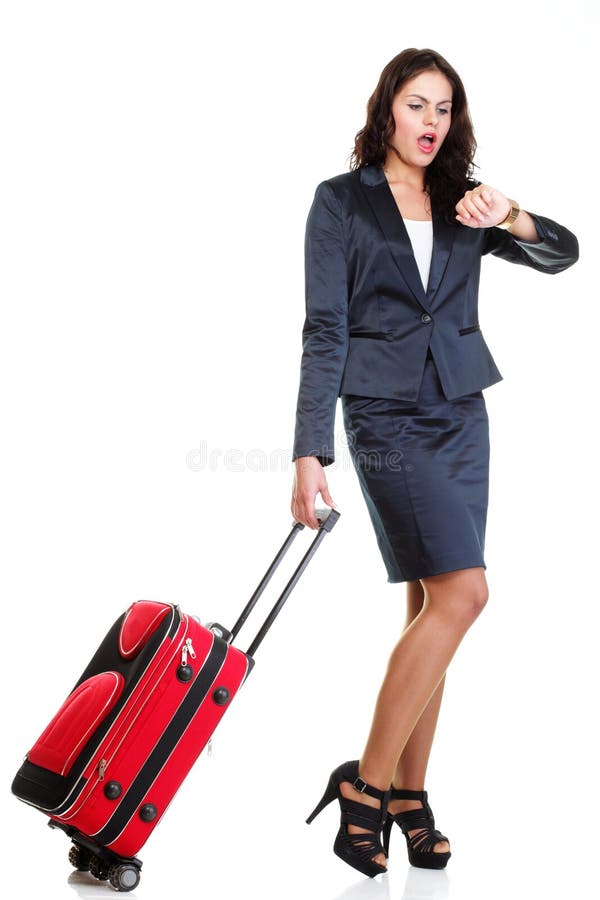 Full length young business woman to late red travel bagd