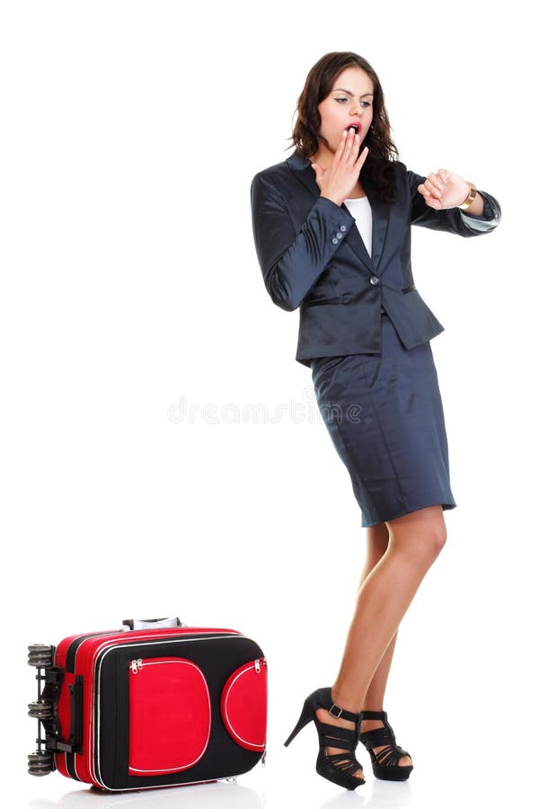 Full length young business woman to late red travel bagd