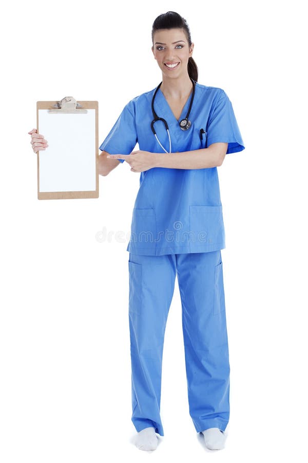 Full length of young nurse pointing clipboard