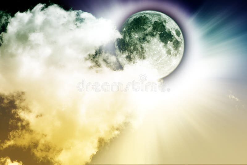Full moon and clouds with light rays.