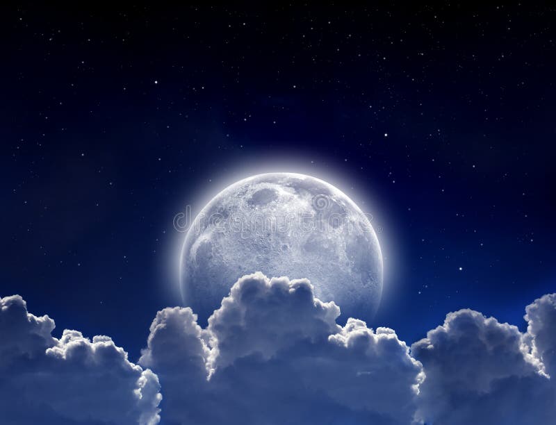 Peaceful background, night sky with full moon, stars, beautiful clouds. Elements of this image furnished by NASA