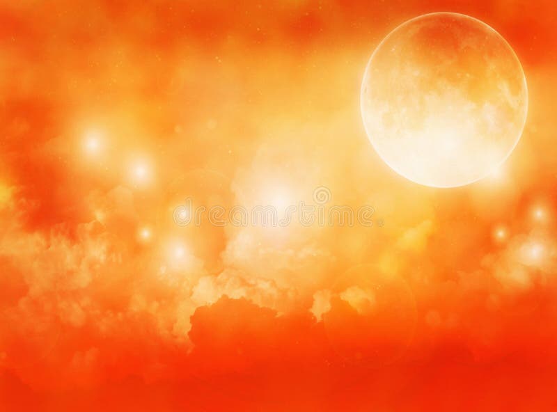 Full Moon and Clouds on Orange Background. Design Style. Stock Image