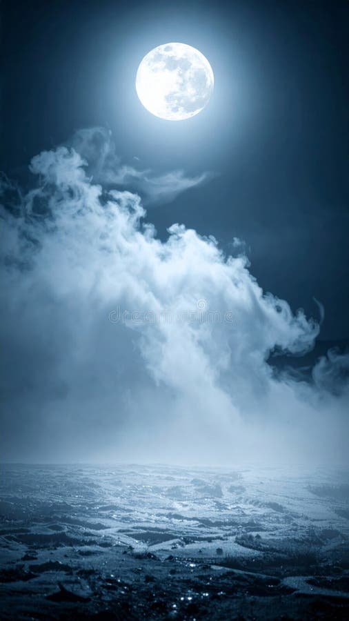 Full Moon Illuminates Ethereal Cloudscape over Dark Landscape at Night stock illustration
