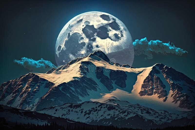 A Full Moon Illuminates the Snow Capped Peaks of the Rocky Mountains in