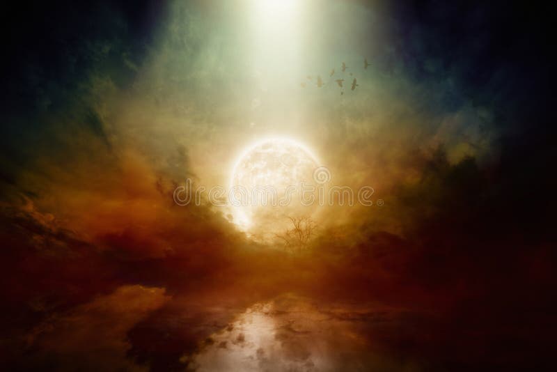 Mysterious background - full moon in red glowing clouds, bright light from sky. Elements of this image furnished by NASA nasa.gov