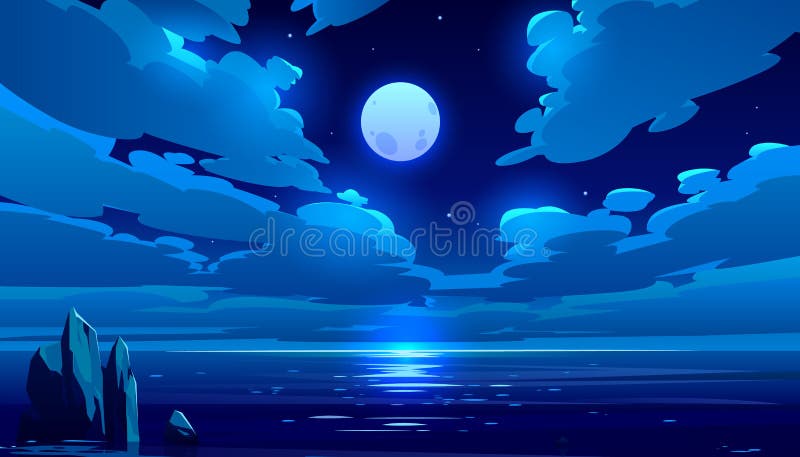 Full moon night ocean or sea landscape, moonlight stock illustration Full moon night ocean or sea landscape, moonlight stock illustration