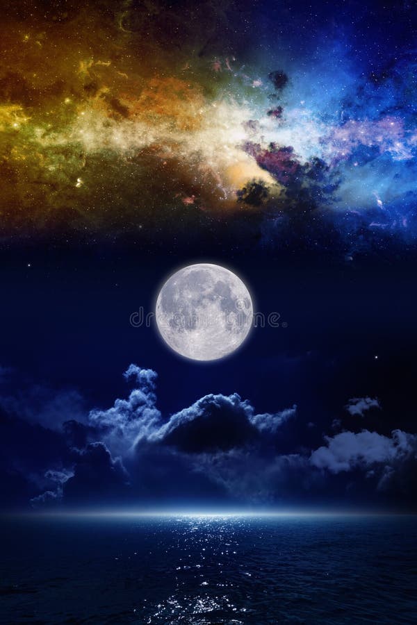 Full moon in night sky, mysterious glowing horizon over dark blue sea, nebula and stars in space. Elements of this image furnished by NASA nasa. gov