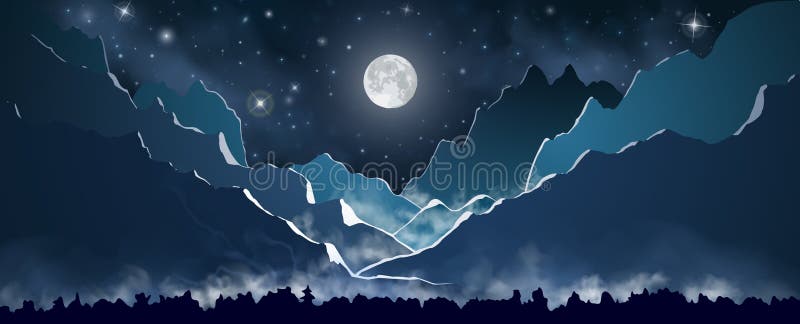 Full moon on the night sky with stars above the blue mountains. The forest at the first plane with smoke clouds above it