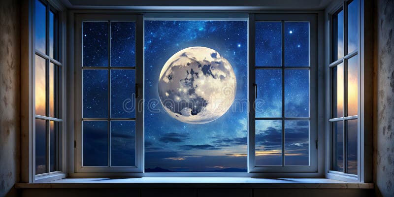 Full Moon Night Sky Viewed from Window Generative By AI royalty free illustration