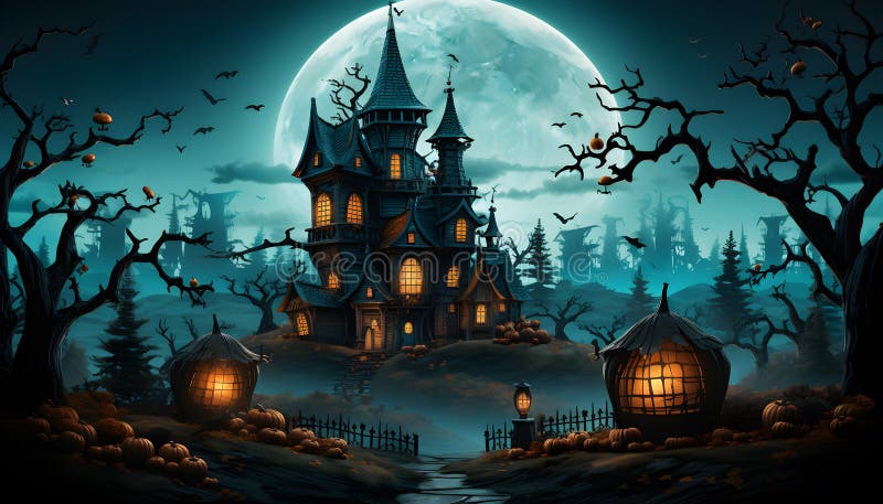 Full moon nighttime,dark landscape castles and graveyards filled, ghostly mystical fog,bats flying in sky,pumpkin heads and dead