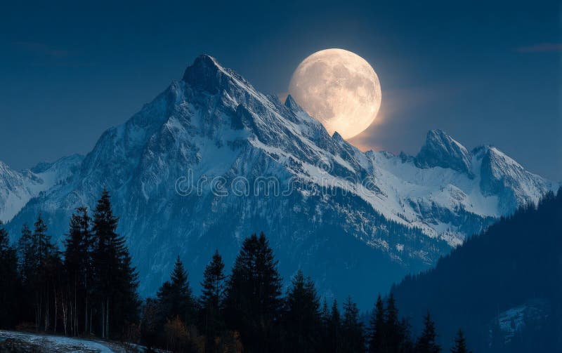 Full Moon Over Snowy Mountain Range at Night royalty free illustration