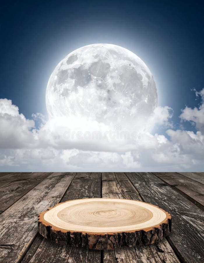 Full Moon over a Wooden Stage Platform with Clouds at Night Background stock illustration