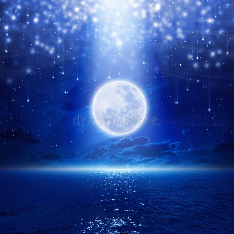 Full moon party background, night sky with full moon and reflection in sea, falling stars, glowing horizon. Elements of this image furnished by NASA