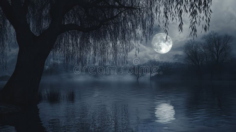 A Full Moon Reflecting on a Calm, Misty Lake stock illustration
