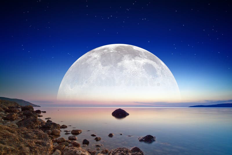 Abstract fantastic background - dark blue sky, smooth serene sea, full moon and stars in space. Elements of this image furnished by NASA. Abstract fantastic background - dark blue sky, smooth serene sea, full moon and stars in space. Elements of this image furnished by NASA