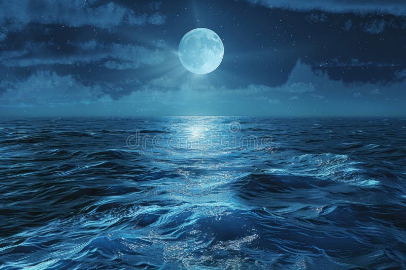 Full Blue Moon Rising Over Tranquil Sea Night Clouds Reflecting