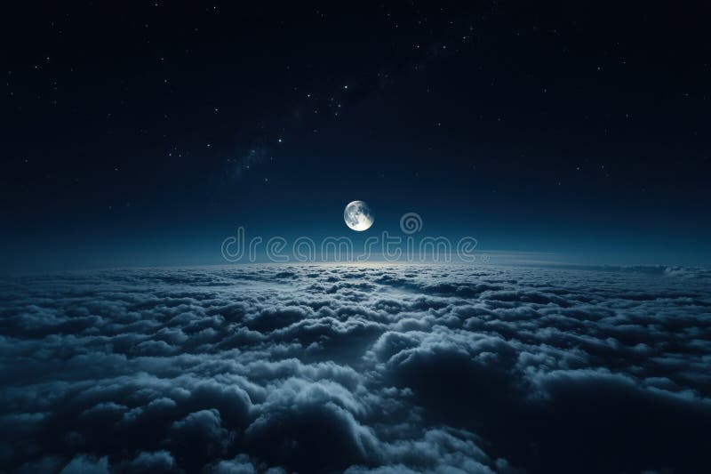 Full moon shining brightly above a sea of clouds under a starry night sky, creating a serene and ethereal atmosphere royalty free stock image