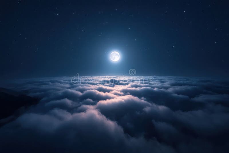 Full moon shining brightly above a sea of clouds under a starry night sky, creating a serene and ethereal atmosphere royalty free stock photos