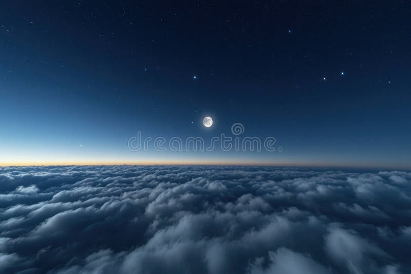 Full moon shining brightly above a sea of clouds under a starry night sky, creating a serene and ethereal atmosphere. AI generated