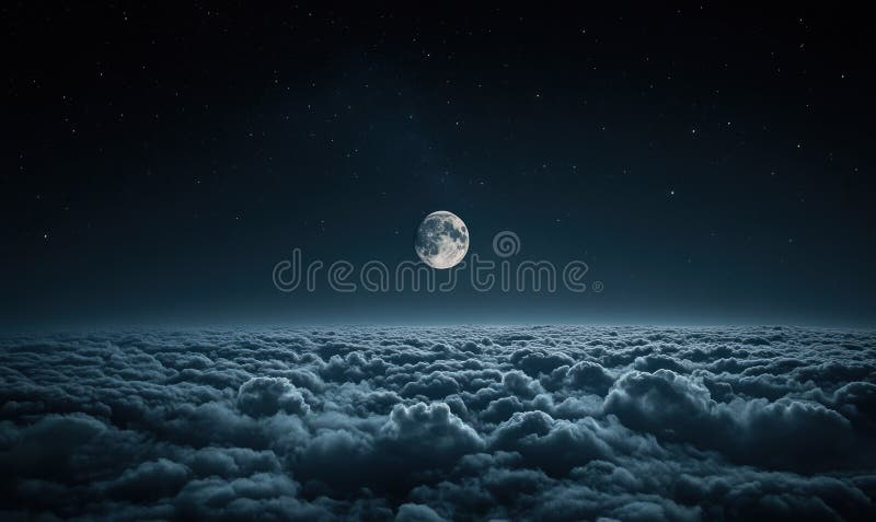 Full moon shining brightly above a sea of clouds under a starry night sky, creating a serene and ethereal atmosphere stock images