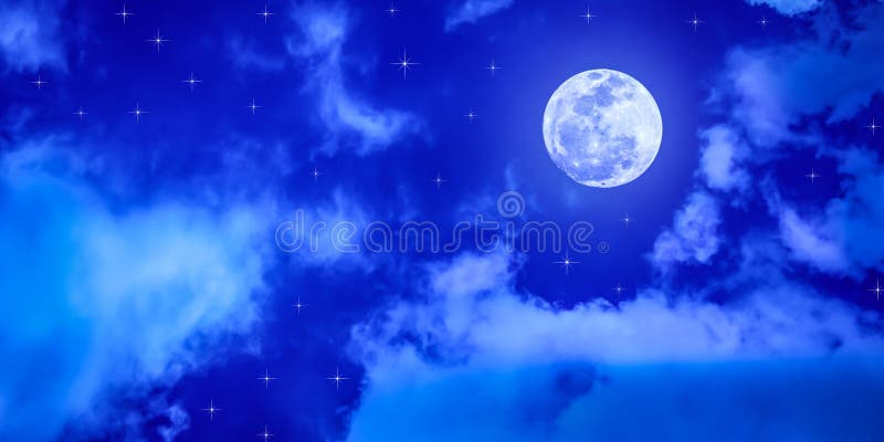 Full Moon and Stars in Cloudy Blue Night Sky Banner Stock Image - Image of  atmosphere, dream: 135371065