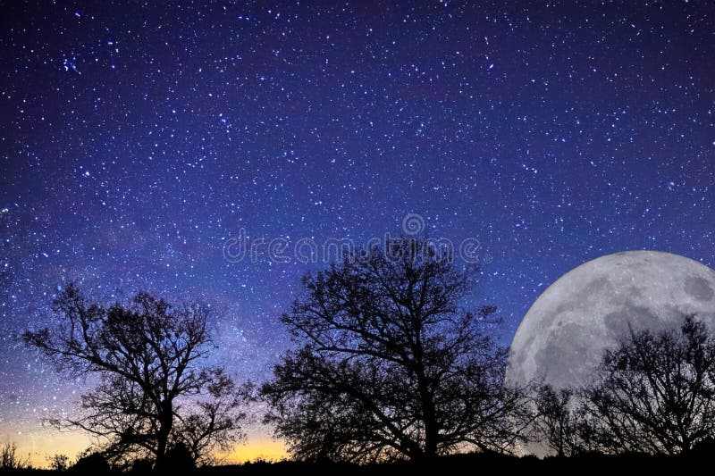Full moon. Stars. super full moon. Full moon with the background full of stars in the galaxy. Horizontal photography. The Galaxy.