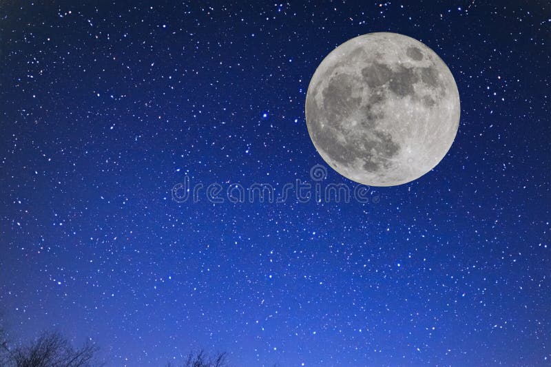 Full moon. Stars. super full moon. Full moon with the background full of stars in the galaxy. Horizontal photography. The Galaxy.