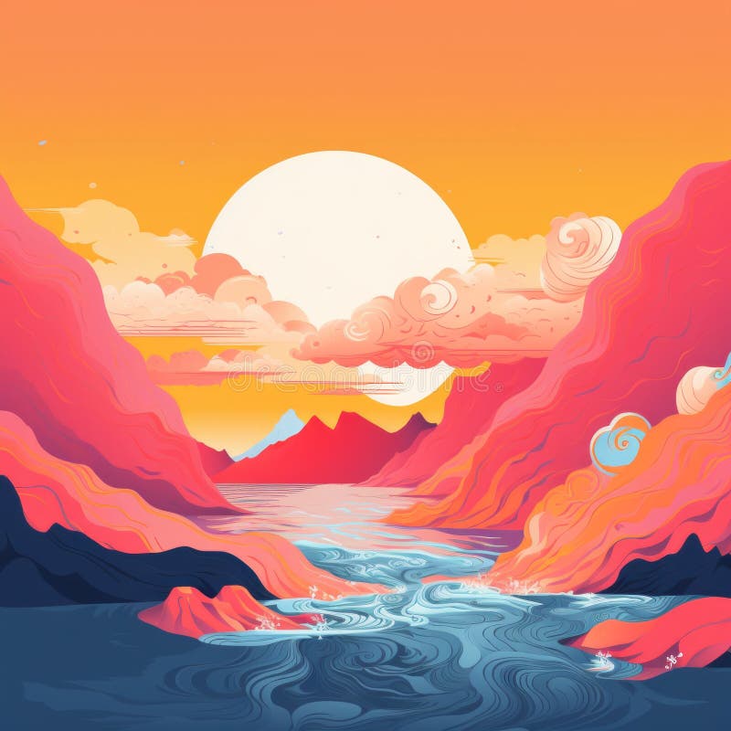 Ocean, River, and Mountain Art: Colorful Cartoons with Vibrant ...