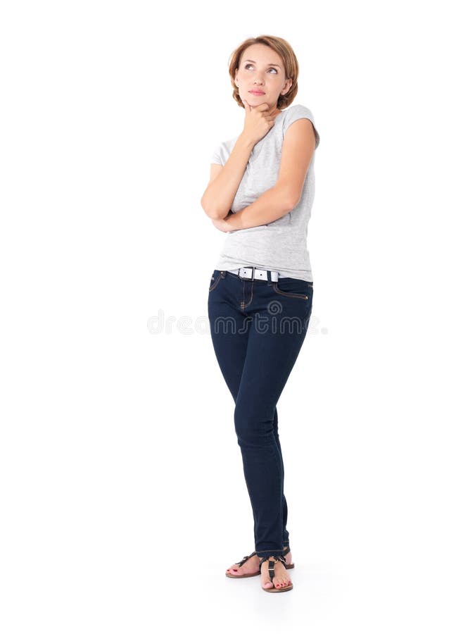 Full portrait of the pretty thinking woman on white