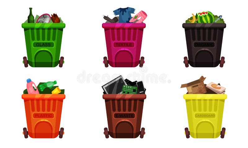 Full Recycle Bins. Sorted Trash Vector Illustrated Set stock illustration