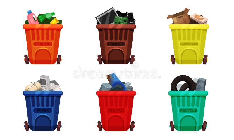 Full Recycle Bins. Sorted Trash Vector Illustrated Set royalty free illustration