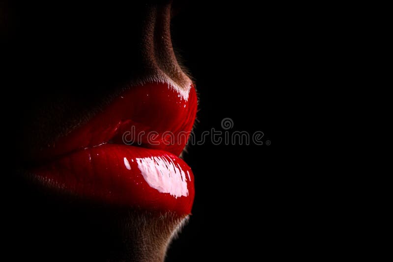 Full Red Lips an Black Background with Copy Space Stock Image Image