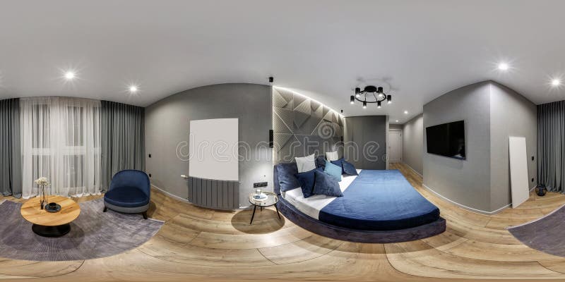 full seamless hdri 360 panorama in interior of guest living room hall in studio apartment with table chair and tv in