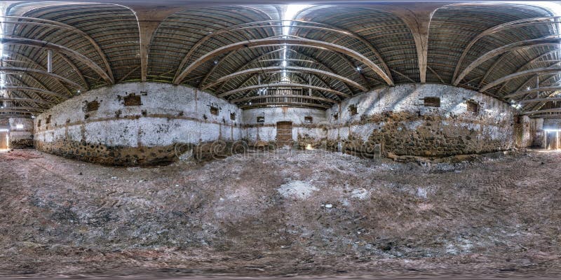 Full seamless spherical hdri panorama 360 degrees angle view inside abandoned ruined factory hangar in equirectangular projection stock photos