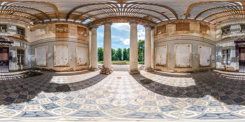 Full seamless spherical hdri panorama 360 degrees angle view inside stone abandoned ruined palace building with columns in equirectangular projection, VR AR virtual reality content