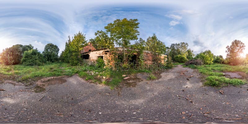 Full seamless spherical panorama 360 degrees angle view near stone abandoned ruined farm building in equirectangular projection, VR AR virtual reality content