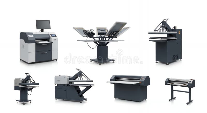Precision Printing Machine Set on White Background Automated Textile Manufacturing Equipment for High Volume Production stock illustration