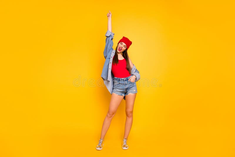 Full size photo of funky amazing lady street style hand raised up want dance wear red body tank-top denim shorts blazer stock photography Full size photo of funky amazing lady street style hand raised up want dance wear red body tank-top denim shorts blazer stock photography