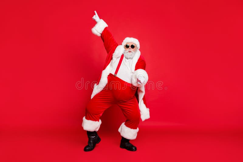 Full size photo of funny fat overweight santa claus with big abdomen in eyewear dance raise hand wear style stylish. Full size photo of funny fat overweight royalty free stock image Full size photo of funny fat overweight santa claus with big abdomen in eyewear dance raise hand wear style stylish. Full size photo of funny fat overweight royalty free stock image