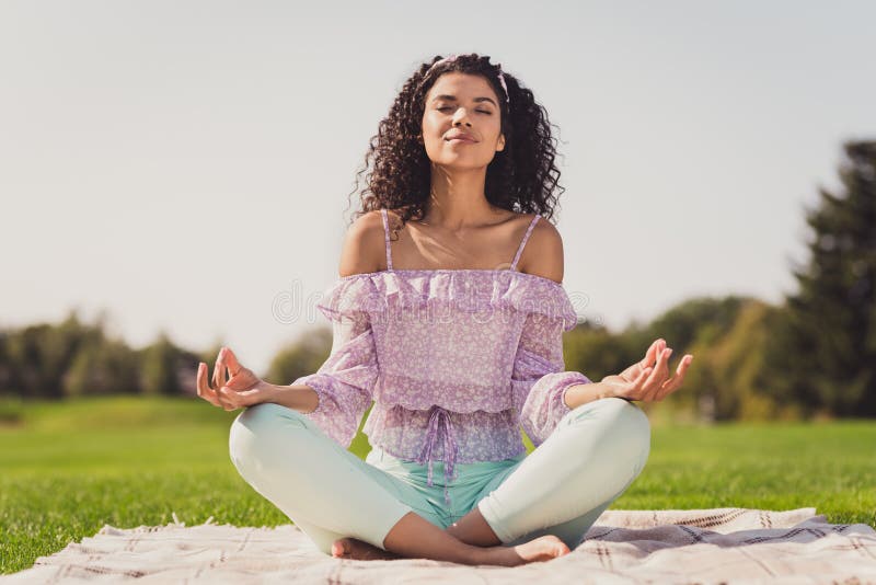 Full Size Photo of Optimistic Brunette Lady Sit on Grass Rest Wear ...