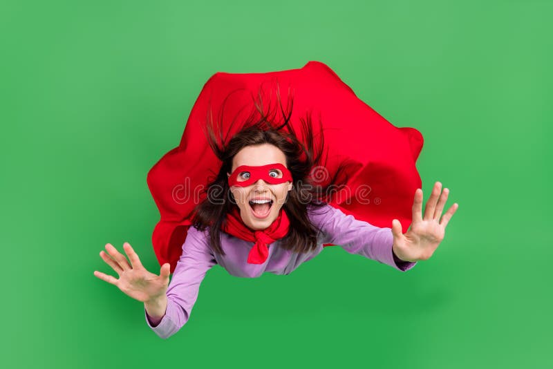 Full size photo of young funny face girl red mask cloak open mouth crazy reaction big sale black friday isolated on