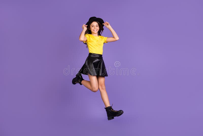 Full size profile photo of nice optimistic brunette hairdo girl jump dance wear cap t-shirt skirt shoes isolated on
