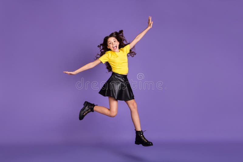 Full size profile photo of nice optimistic brunette hairdo girl jump wear t-shirt skirt shoes isolated on lilac