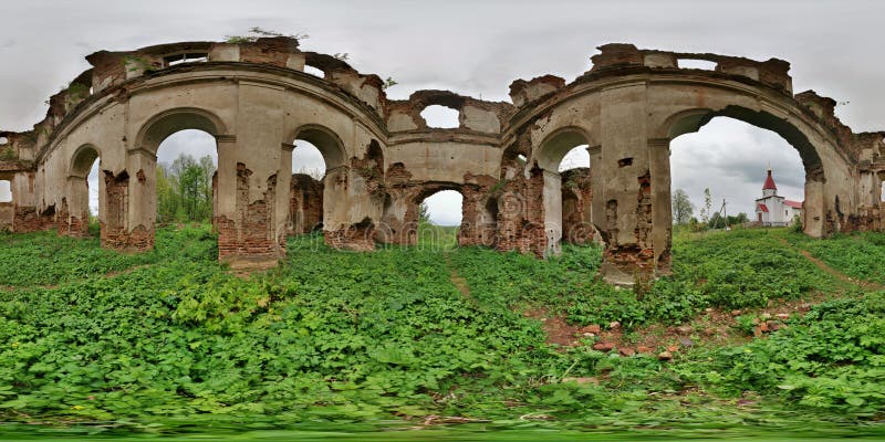 Full spherical seamless hdri panorama 360 degrees angle view inside of brick structures of abandoned ruined building of church in Novospassk with bushes and trees inside in equirectangular projection, VR content