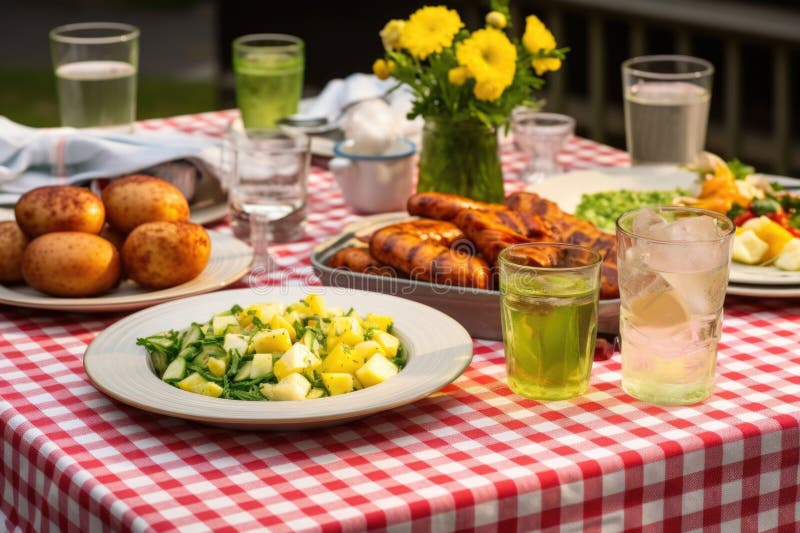 Full table setting with barbecue potato salad as center-piece royalty free stock photos
