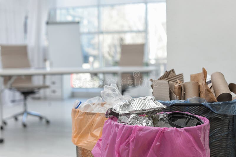 Full Trash Cans in Modern Office. Waste Recycling Stock Image Image
