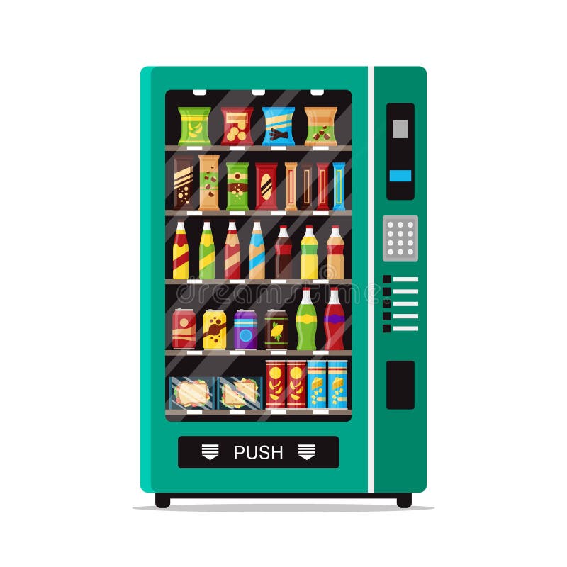 Full varuautomat med snabbmatmellanmål och drinkar som isoleras på vit Automatisk främre sikt för automatrestaurangförsäljaremask stock illustrationer Full varuautomat med snabbmatmellanmål och drinkar som isoleras på vit Automatisk främre sikt för automatrestaurangförsäljaremask stock illustrationer