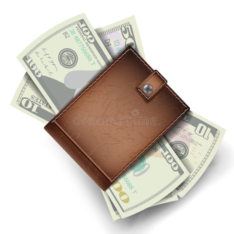 Full Wallet Vector. Brown Color. Dollar Banknotes. Top View. Financial Concept. Isolated On White Background